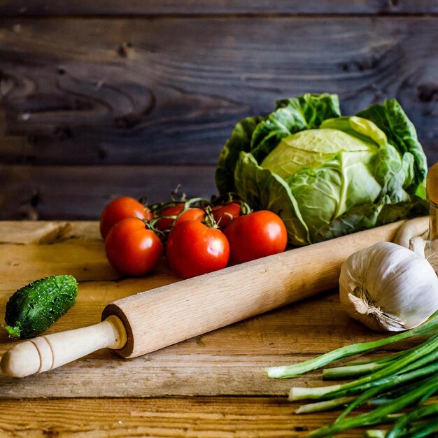Fresh ingredients on wooden table